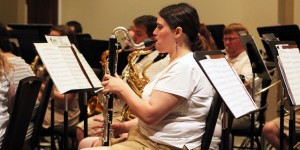 Martin Community Band member, Sarah Scott, entertains the audience by playing the bass clarinet during the concert. (Jenifer Nicks)
