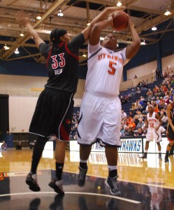 Freshman Cortrice Golden attempts to add to the Skyhawks score. (Kristen Harrelson)