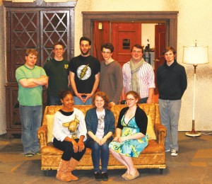 “See How They Run” cast members gear up for opening night March 21. Pictured back row from left: Casey Williams, Jonathan Fisher, Eric Brand, Reuben Kendall, Michael Chappell, Justin Hunt. Pictured front row from left Breona Hassan, Courtney Pearson, Stephanie Klink. (Sheila Scott)