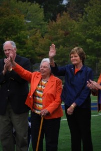Bettye Giles and Pat Head Summitt wave to the crowd during the halftime at the homecoming game against Eastern Illinois. Both women were recognized as outstaniding alumni. (Alex JAcobi)
