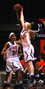 Sydney Vanlandingham gets her hand on the ball in hopes of a rebound. Shelby Crawford stands ready to assist her. (Alex Jacobi)