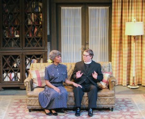 Miss Skillon, played by Breona Hassan, has just escaped the closet in which the maid Ida had shoved her into. She talks with Reverend Humphrey to determine whether they are alone, which he misinterprets as an advance from Miss Skillon. (Sheila Scott)