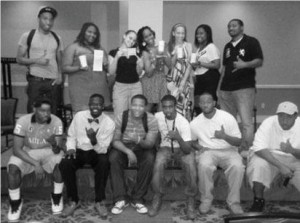 Alpha Phi Alpha members gather for a photo with the freshmen after the “PHreshman PHorum.” (Unknown)