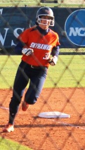 Leah Taylor rounds 3rd base as she heads to home plate, leading to a Skyhawk run. (Kalsey Butler)