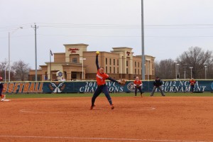 Freshman Autumn Glenn in the circle during game one of the double header. (Kalsey Butler)