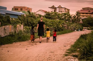 Mary-Katherine Hill takes a walk with children in Cambodia. (Mary-Katherine Hill)