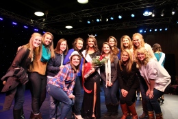 Left: Kristen Lackey, center, is surrounded by her teammates after she won the title of Miss UTM 2013. Right: Lackey gets ready to steal third as she watches the pitcher release the ball. (Malorie Paine)