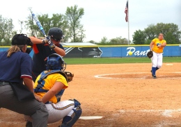 Lauren Smith, 24, watches the ball in hopes of getting a big hit in the sixth inning against Moorehead State University. (Malorie Paine)