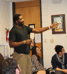 Pierre Gonhameu Mopo of Cameroon teaches students about Africa. (Steve Flowers)