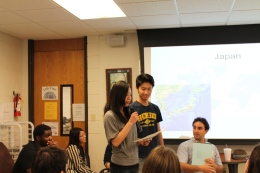 Pierre Gonhameu Mopo of Cameroon teaches students about Africa. (Steve Flowers)