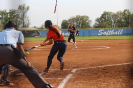 Kelsey Dixon, 5, leads off UTM in the first inning of the fourth game against Murray State University. (Malorie Paine)