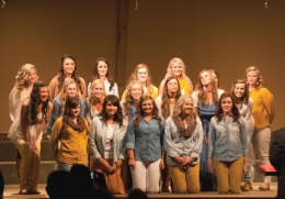 The members of Alpha Omicron Pi perform their winning ’90s-inspired routine under the direction of Dr. Mark Simmons, UTM Director of Choral Activities. (Malorie Paine)