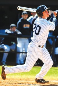 Matt Haynes follows through on his swing as he looks to score a run during a UTM home game. (Sports Information)