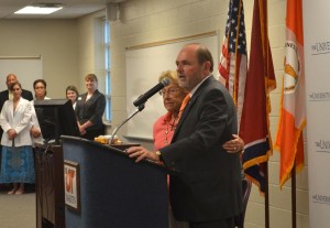 Bill Ayers thanks Parsons native and educator Peggy Chumney for her dedicated service and six-figure donation to the UTM Parsons Center expansion. (Alex Jacobi)