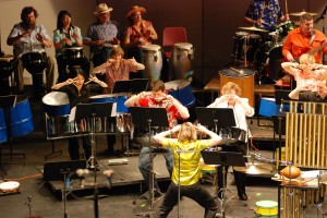 Dr. Julie Hill conducts the UTM Faculty Steel Band in the Fulton Theater of the old Fine Arts Building in April of 2009. (Julie Hill)