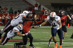 The Skyhawks' pass rush once again finds itself in the SEMO backfield and forces an incomplete pass. (Tonya Evans)