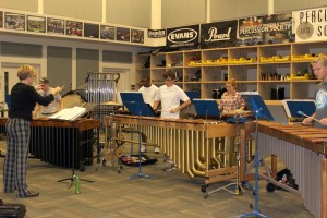 Dr. Julie Hill, associate professor of Music, percussion coordinator, is teaching her Percussion Ensemble class. Featured from left to right in the back row is freshman Music Ed. major Michael Godwin playing the Chimes; sophomore Music Ed. major Michael Fountain playing the Xylophone and Triangles; freshman Music Ed. major Andie Fisher playing the Glockenspiel; present but out of the picture's angle are freshman Music Ed. major Trice Mayhall playing the Crotales and junior Music Ed. major Michael Kidd playing the Vibraphone. Featured from left to right in the front row is freshman Music Ed. major C. J. Barrow playing the Marimba; freshman Music Ed. major Paul Zacarias playing the Marimba; and freshman Music Ed. major Brandon Blankenstein playing the Marimba. (Sheila Scott)