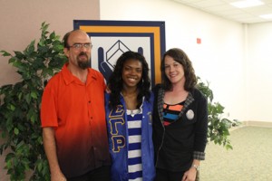 (From left) Michael Cochran who represented the Skyhawk Veteran Association, Felisha Jones who represented the UTM Greek community and Morgan Robertson who represented Allies pose for a picture after "A Voice" on Wednesday, Sept. 11.
