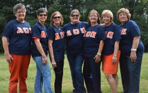 Alpha Omicron Pi alumni from the 1970s had a miniature reunion at the groundbreaking. (From left) Phyllis Pritchett,Vicki Shepherd Snyder, Theresa Hardison Latta, Winkie Ray Warren, Betsy Brent Robinson, Vicki Fry Whitworth and Felicia Mears. (Mary Jean Hall)