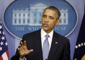 President Barack Obama speaks in the James Brady Briefing room of the White House in Washington, Monday, Sept. 30, 2013. Obama said a government shutdown would throw a wrench into the gears of U.S. economy. (AP Photo/Pablo Martinez Monsivais)