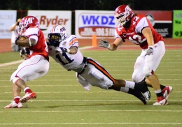Sophomore safety Fred Flenorl tackles APSU's Terrence Oliver. (Josh Wambles)