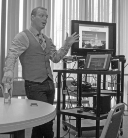 Brad Palmertree, the co-chair of the Middle Tennessee chapter of the Gay, Lesbian, & Straight Education Network, talks to last week’s Times Talk audience about current state legislation. (Mary Jean Hall)