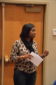 PSEPP Coordinator Natalie Boyd gives a short presentation during the senate meeting on Stalking Awareness Month, which takes place in January, and domestic violence. Boyd spoke about the PSEPP "Count Me In" program. PSEPP stands for Personal Safety Empowerment Program Project. (Mary Jean Hall)