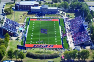 This aerial photo shows Hardy M. Graham Stadium at UTM, with the Bob Carroll Football Building and the Student Life Center in the background. The stadium is scheduled for an expansion and renovation beginning in December 2014. (Sports Information)