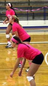 All in pink, the Skayhawks get ready for the next serve. (Ashley Cunningham)