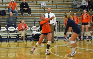 Lynsey Hazelwood gets a dig against Austin Peay on Nov. 8. Hazelwood recorded her sixth double-double of the season with ten kills and 16 digs. She also recorded a season high 42 total attempts. (Mary Jean Hall)