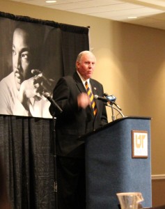 Chancellor Tom Rakes gives the official welcome at the Martin Luther King, Jr. breakfast. (Aimee Bilger)