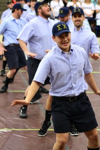 Michael Nguyen leads the Sigma Chi line dance performance, where they won 1st place. (Sarah Martin)