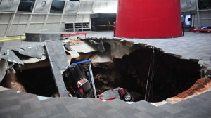 Eight cars were swallowed by a sinkhole at the National Corvette Museum early Wed. Feb. 12. The museum is still assessing damages. (National Corvette Museum)