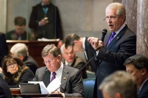 Sen. Bill Ketron, R-Murfreesboro, discusses his bill to allow supermarket wine sales during a Senate floor session in Nashville, Tenn., on Thursday, Jan 30, 2014. The chamber later passed the measure. (AP Photo)