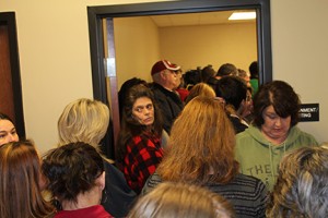 Members of the community packed the press room at the Decatur County Correctional Facility to hear the grand jury's decision on Zachary Adams, 29. (Malorie Paine)
