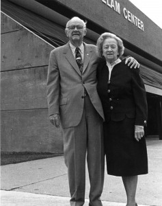 Col. Tom and Kathleen Elam stand in front of the Kathleen and Tom Elam Center named in their honor by the UT Board of Trustees in 1994.  Col. Tom insisted that Ms. Kathleen’s name be first on the building because of his great love and respect for her. (UTM Archives)