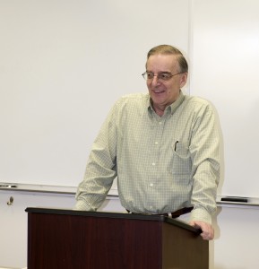 This photo is of Dr. Gary Steinke teaching his Comm. Law and Ethics class during the current semester. (Sarah Martin)