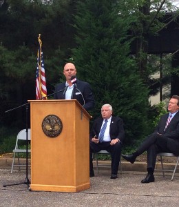 Troy Propes president of MVP Group, Int. speaks at a press conference announcing expansion bringing 100 new jobs to Union City and surrounding area. From left to right, Propes, Terry Hailer mayor of Union City and Allen Borden assistant commissioner of Business Development. (Lyndsey Hayslett) 