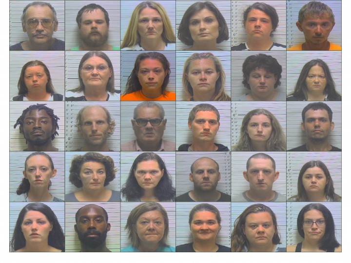 Mugshots of current suspects who were arrested during the undercover drug operation code named “Little Red.” Top row, left to right: Brad Langley, Josh Burton, Rachel Nicole Blalock, Tanya Williams, Whitney Bowlin, William Evans. Second row, left to right:  Angela Larue, Connie Burton, Kristen Hopper, Amanda Graves, Amanda Grissom, Dawn Kayser. Third Row, left to right:  Shyheim Slayten, Joshua Wood, Steve Spears, Aaron Ciscell, Abigail McMillan, Chad Robinson. Fourth row, left to right:  Echo Jackson, Ammie Langley, Dawn Langley, Josh White, Brent Winstead, Joanie Winstead. Fifth row, left to right:  Lauren Wood, Xavier Williams, Cherie Wallace, Christina Stepp, Sue Gayhart, Bonnie McAlister. (Weakley County Sheriff's Department)