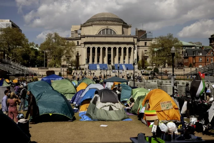 An encampment made up of student protestors at Columbia University, New York.