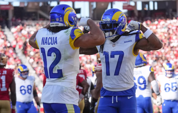 #12 Puka Nacua and #17 Davante Adams celebrate and flex after a touchdown against the San Francisco 49ers at Levi Stadium on Nov. 9, 2025. (Cary Edmondson-Imagn Images)